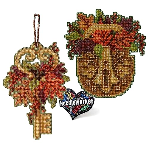 Mill Hill Antique Lock and Key Counted Cross Stitch Kits, Set of 2 - Autumn Themed Ornaments Plus 'Needleworker' Sticker