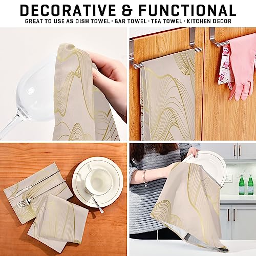 FUGIDOG Kitchen Dish Towels Set of 4, Luxury Gold Line Pattern Ultra Soft Absorbent Kitchen Towels Tea Towels Hand Towels Quick Drying Reusable Cleaning Cloths, 18 x 28 inch