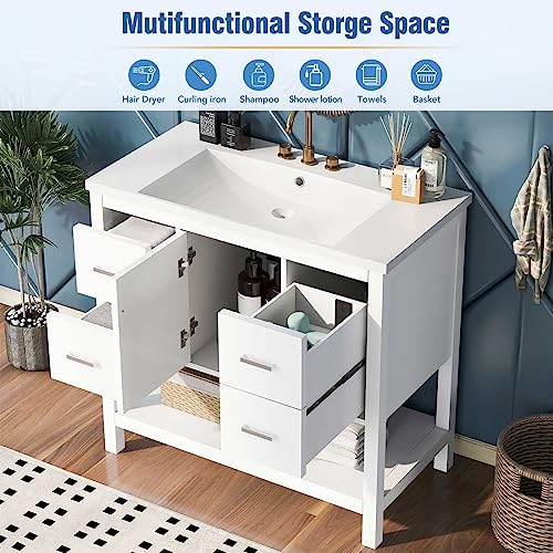 Appot AT-SV000009AAW 36" Bathroom Vanity with USB, Multifunction Bath Room Storage Cabinet with 3 Drawers and 1 Door, Single Resin Sink, SmallBathroom OrganizationCabinet, White