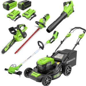 greenworks 40v 21" cordless self-propelled lawn mower,(500 cfm/120 mph) axial leaf blower,13" string trimmer,cordless hedge trimmer,12" chainsaw combo kit w/ (1) 5ah (1)2ah battery, (2) 2a chargers