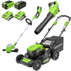 greenworks 40v 21" cordless self-propelled lawn mower,(500 cfm/120 mph) axial leaf blower,13" string trimmer,combo kit w/ (1) 5ah (1)2ah battery, (2) 2a chargers