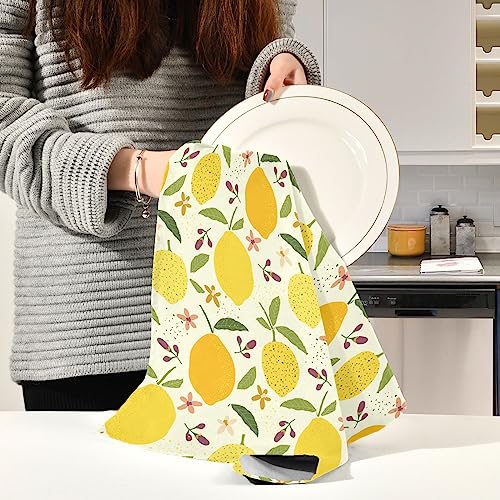 FUGIDOG Kitchen Dish Towels Set of 4, Lemon Flower Ultra Soft Absorbent Kitchen Towels Tea Towels Hand Towels Quick Drying Reusable Cleaning Cloths, 18 x 28 inch