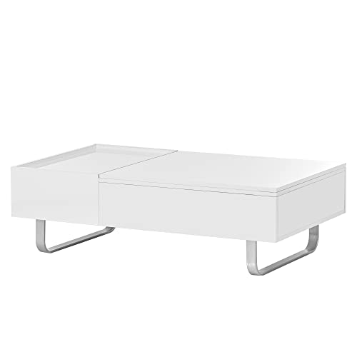 Merax Multi-Functional Coffee Table with Lifted Tabletop and Metal Frame Legs, High-Gloss Surface, for Living Room, 45.3 inch Length, White