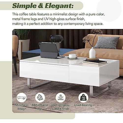 Merax Multi-Functional Coffee Table with Lifted Tabletop and Metal Frame Legs, High-Gloss Surface, for Living Room, 45.3 inch Length, White