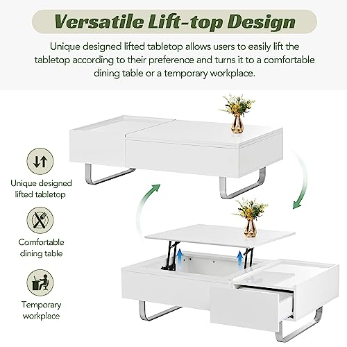 Merax Multi-Functional Coffee Table with Lifted Tabletop and Metal Frame Legs, High-Gloss Surface, for Living Room, 45.3 inch Length, White