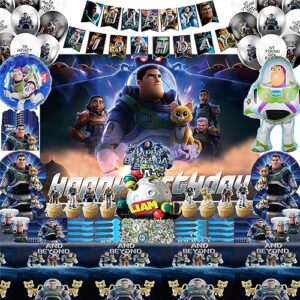185pcs buzz lightyear birthday party decorations, buzz lightyear party decorations for kids, include banner,cake topper, cupcake topper,tablecloth, backdrop,balloons,foil balloons,tableware,invitation cards