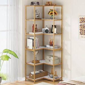 tribesigns 6-tier corner bookshelf, 70.9" tall modern l-shaped bookcase, large etagere stand storage display rack with gold metal frame & white faux marble top for living room, bedroom and home office