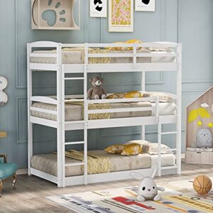 lifeand twin over twin over twin triple bunk bed with 2 built-in ladders,wooden floor bunk bedframe with safety guardrail & ladder for 3 kids teens,white