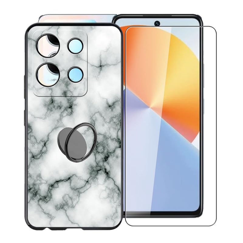 KJYFOANI for Infinix Note 30 Case, [ 1 x Tempered Glass Protective Film], Shockproof Soft Cover, with [360° Rotation Ring Kickstand] Case for Infinix Note 30 (6.78") - Marble