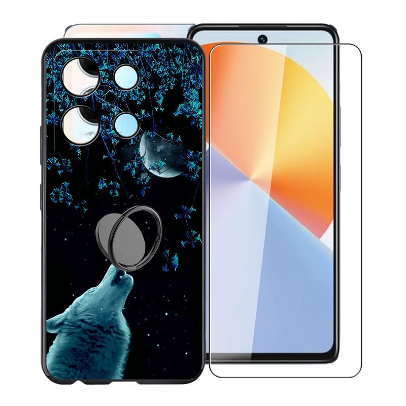 KJYFOANI for Infinix Note 30 Case, [ 1 x Tempered Glass Protective Film], Shockproof Soft Cover, with [360° Rotation Ring Kickstand] Case for Infinix Note 30 (6.78") - Moon Night