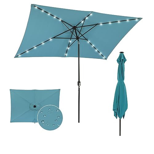 MONDAWE Outdoor Solar LED Patio Umbrella 10 x 6.5 FT Rectangular Market Umbrella with Lights， Tilt and Crank Aluminum Commercial Table Umbrella for Pool Backyard Balcony