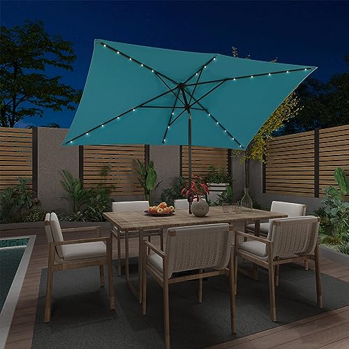 MONDAWE Outdoor Solar LED Patio Umbrella 10 x 6.5 FT Rectangular Market Umbrella with Lights， Tilt and Crank Aluminum Commercial Table Umbrella for Pool Backyard Balcony