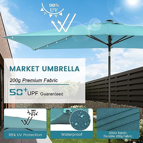 MONDAWE Outdoor Solar LED Patio Umbrella 10 x 6.5 FT Rectangular Market Umbrella with Lights， Tilt and Crank Aluminum Commercial Table Umbrella for Pool Backyard Balcony
