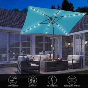 MONDAWE Outdoor Solar LED Patio Umbrella 10 x 6.5 FT Rectangular Market Umbrella with Lights， Tilt and Crank Aluminum Commercial Table Umbrella for Pool Backyard Balcony