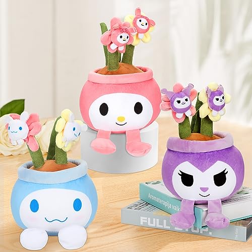 Boufaik 3pcs Kawaii Plush Doll, Cute Cinnamon My Melo Plushies, Stuffed Potted Plants Plush Toy, Home Decoration Stuffed Soft Plush Flower Gifts for Kids Boys(Pink+Purple+Blue)