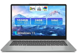 jumper 14" laptop, 24gb lpddr4x ram, 1024gb nvme ssd, 3.6ghz intel core i5 cpu, full hd ips display, windows 11 laptops computer with 4 stereo speakers, usb3.0*3, type-c, cooling fan, 51.3wh, metal.