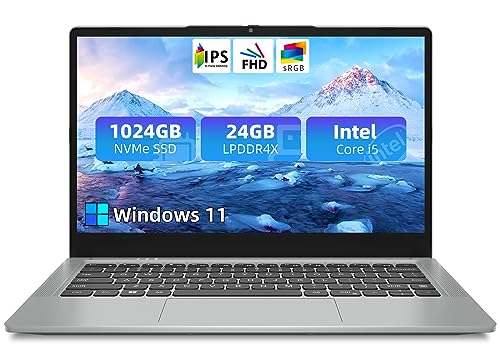 jumper 14" Laptop, 24GB LPDDR4X RAM, 1024GB NVMe SSD, 3.6GHz Intel Core i5 CPU, Full HD IPS Display, Windows 11 Laptops Computer with 4 Stereo Speakers, USB3.0*3, Type-C, Cooling Fan, 51.3WH, Metal.