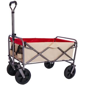 Folding Wagon Cart Beach Wagon Utility Wagon Cart Outdoor Heavy Duty Garden Portable Hand Cart with All-Terrain Wheels & Adjustable Handle (White+Red)