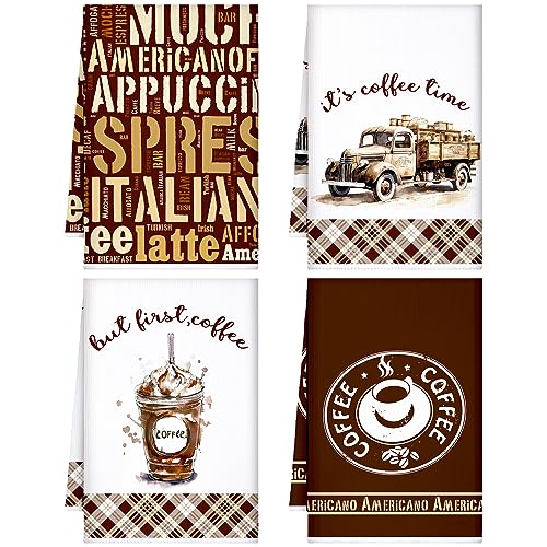 4 Pieces Kitchen Towels, Coffee Kitchen Hand Towels, Dish Towels, Absorbent Decorative Dish Cloths, Gifts for Farmhouse Housewarming (Vehicle Style)