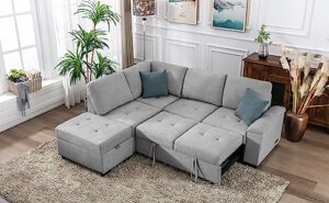 merax, l-shape corner couch sofa-bed with storage ottoman & hidden arm storage & usb charge for living room apartment, light gray