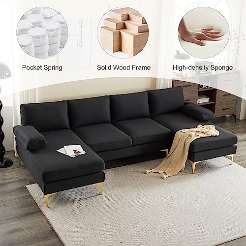 VERYKE Modern U Shaped Sectional Sofa Couch for Living Room, 110'' Linen Fabric Couch Sofa, Upholstered Sofa Bed with Golden Metal Legs for Home Office