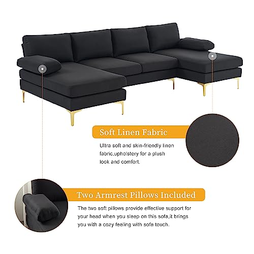 VERYKE Modern U Shaped Sectional Sofa Couch for Living Room, 110'' Linen Fabric Couch Sofa, Upholstered Sofa Bed with Golden Metal Legs for Home Office