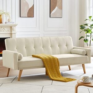 ERYE Upholstered Futon Daybed Modern Convertible Loveseat Sofa Soft Convenient Nap Sleeper Couch Bed for Home Office Apartment Furniture Sets Love Seats, Beige Linen Tufted 2 Pillows Flared Legs