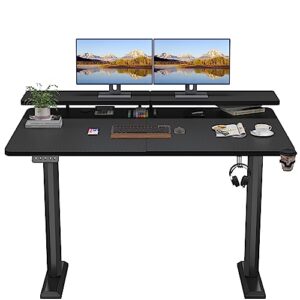 shahoo electric standing desk with monitor shelf, 55 x 24 inches height adjustable corner table, computer workstation with cup holder and hook for home office, black, 55x24 inch