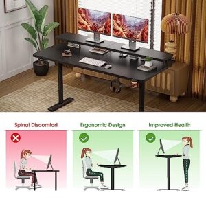 Shahoo Electric Standing Desk with Monitor Shelf, 55 x 24 Inches Height Adjustable Corner Table, Computer Workstation with Cup Holder and Hook for Home Office, Black, 55x24 Inch