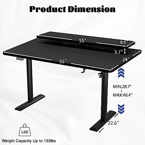 Shahoo Electric Standing Desk with Monitor Shelf, 55 x 24 Inches Height Adjustable Corner Table, Computer Workstation with Cup Holder and Hook for Home Office, Black, 55x24 Inch