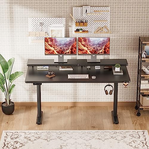 Shahoo Electric Standing Desk with Monitor Shelf, 55 x 24 Inches Height Adjustable Corner Table, Computer Workstation with Cup Holder and Hook for Home Office, Black, 55x24 Inch