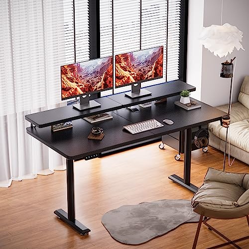 Shahoo Electric Standing Desk with Monitor Shelf, 55 x 24 Inches Height Adjustable Corner Table, Computer Workstation with Cup Holder and Hook for Home Office, Black, 55x24 Inch