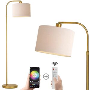 finnchy gold floor lamp with remote control, adjustable height arc floor lamps for living room, modern gold standing lamp boho floor lamp for bedroom, smart dimmable floor lamp with 9w led bulb