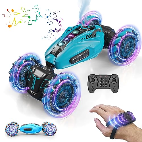 Gesture Sensing RC Stunt Car,2.4GHz 4WD Remote Control Toy Car,Double Sided Driving,360 °Rotation,Off Road Vehicle,Hand Controlled RC Car with Lights&Music, Birthday Gifts for 6-12 yr Boys&Girls(Blue)