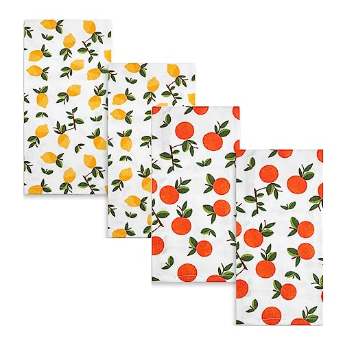 GMIcréatifs 4 Pack, 100% White Cotton Kitchen Hand Towel, Tea Towels, Dish Towels, Bar Towels, 2 Citrus Lemons Prints and 2 Citrus Oranges Prints, 24”x 16" Inches