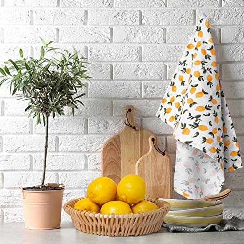 GMIcréatifs 4 Pack, 100% White Cotton Kitchen Hand Towel, Tea Towels, Dish Towels, Bar Towels, 2 Citrus Lemons Prints and 2 Citrus Oranges Prints, 24”x 16" Inches