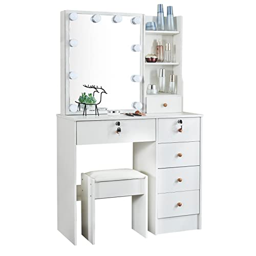 Girls Vanity Desk with Mirror and Lights, White Vanity Set with Charging Station, Dressing Table with Drawers and Chair for Bedroom