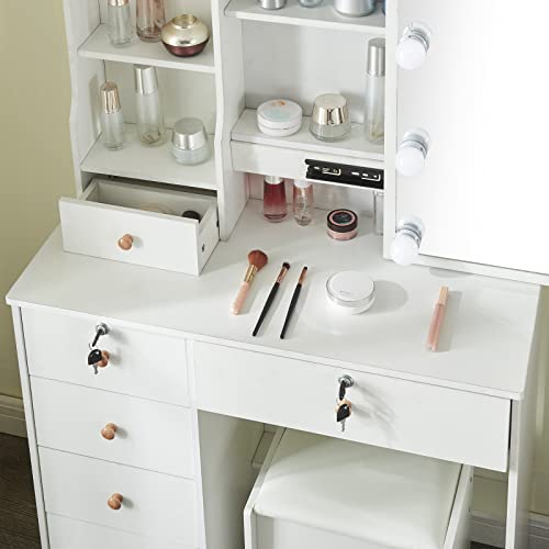 Girls Vanity Desk with Mirror and Lights, White Vanity Set with Charging Station, Dressing Table with Drawers and Chair for Bedroom