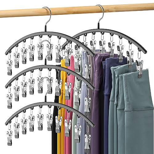 Volnamal Legging Organizer for Closet, Metal Yoga Pants Hangers 4 Pack w/10 Clips Holds 20 Leggings, Hangers Space Saving Hanging Closet Organizer w/Rubber Coated Closet Organizers and Storage, Black