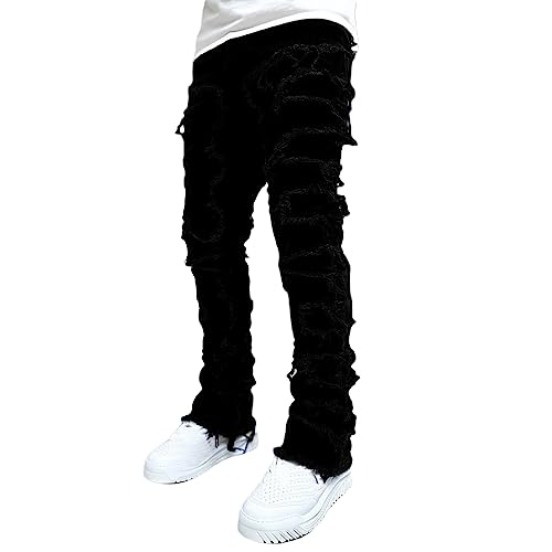 Bowanadacles Mens Stacked Jeans Denim Hip Pop Ripped Jeans Skinny Straight Pants Streetwear (Black, L)