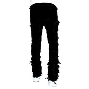 Bowanadacles Mens Stacked Jeans Denim Hip Pop Ripped Jeans Skinny Straight Pants Streetwear (Black, L)