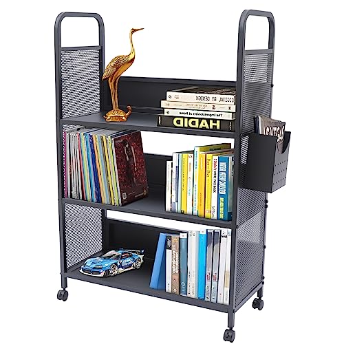 Office Book Carts, Rolling Book Truck Book Cart with 3 Flat Shelves, Library Book Cart with Swivel Lockable Casters, Book Cart,Library Cart,Rolling Library Book Cart Shelves,for Home Shelves Office