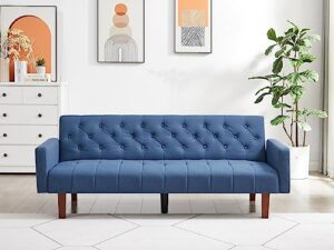 blue, linen, convertible double folding living room sofa bed (eucalyptus wood frame)