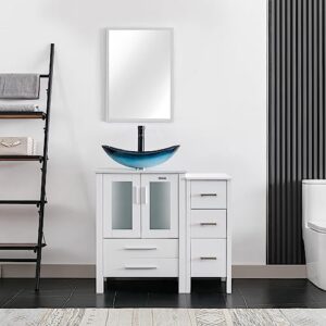 eclife 36" bathroom vanity sink combo white w/side cabinet set blue boat tempered glass vessel sink & orb water save faucet & solid brass pop up drain, w/mirror (a29bu b02w)