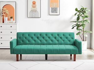green, linen, convertible double folding living room sofa bed (eucalyptus wood frame)