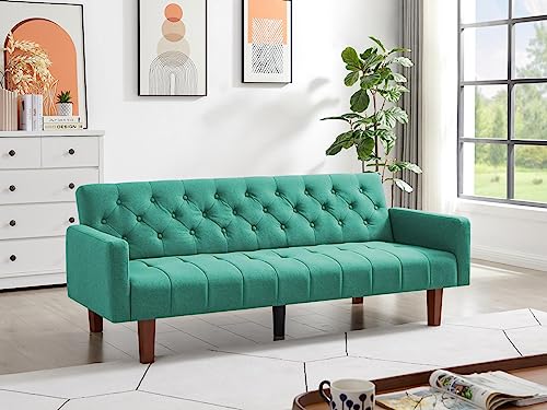 Green, Linen, Convertible Double Folding Living Room Sofa Bed (Eucalyptus Wood Frame)