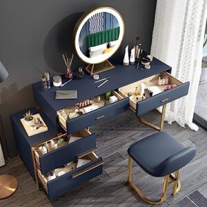 yimakey vanity desk set mirror: blue 31 inches makeup table with 3 modes lights mirror and 4 drawers 1 stool - luxurious fashionable vanity desk for bedroom for her