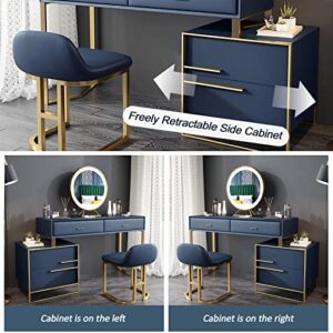 YIMAKEY Vanity Desk Set Mirror: Blue 31 Inches Makeup Table with 3 Modes Lights Mirror and 4 Drawers 1 Stool - Luxurious Fashionable Vanity Desk for Bedroom for Her