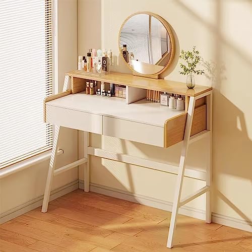 NRNQMTFZ Make Vanity Set with Touch Screen Dimming Mirror,Vanity Set with Chair,Makeup Table with 2 Drawer, Vanity Table Set for Makeup Room, Bedroom(100cm/39.4in,White + Wood Color)