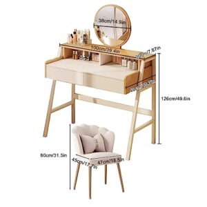 NRNQMTFZ Make Vanity Set with Touch Screen Dimming Mirror,Vanity Set with Chair,Makeup Table with 2 Drawer, Vanity Table Set for Makeup Room, Bedroom(100cm/39.4in,White + Wood Color)